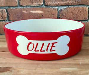 personalised dog bowl in red with bone design